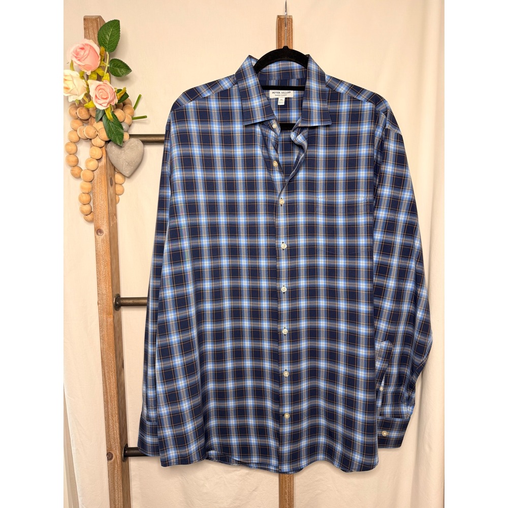 Peter Millar Summer Comfort Mens XL Blue Plaid Performance Button Down Shirt